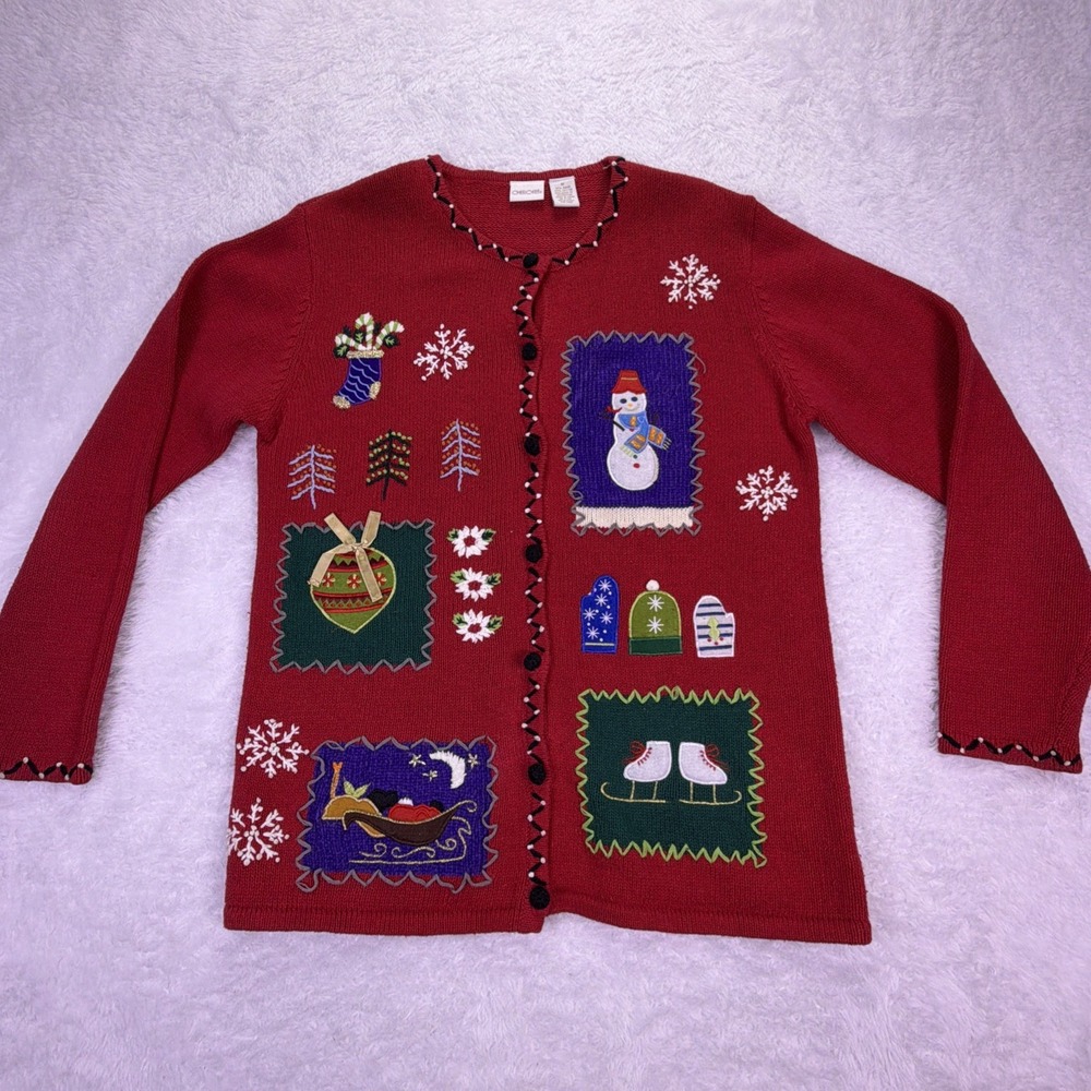 Vintage Cherokee Womens Med ButtonUp Christmas Cardigan Red‎ Sweater